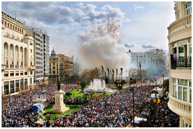 The mascletà in the Plaza del Ayuntamiento during the Fallas in Valencia