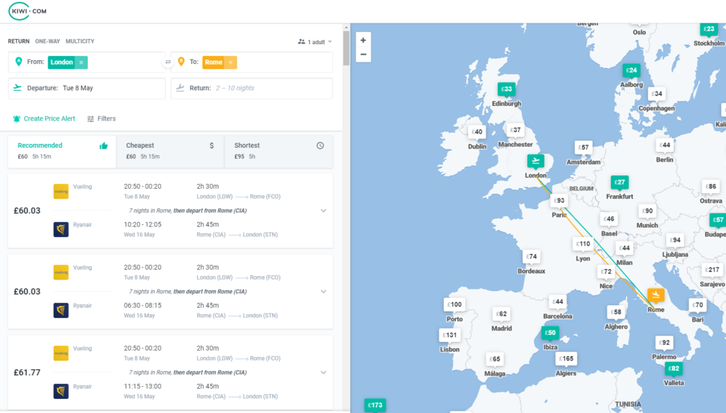 kiwi.com flight comparison websites